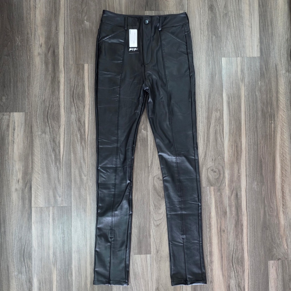 Nasty Gal Collection Black Faux Leather High Waisted Seam Front Pants Size 10